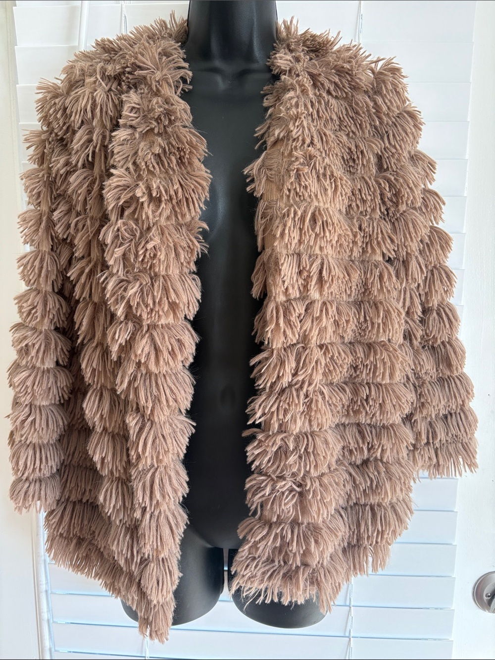 Audrey 3+1 BOHO Shag Loop Shaggy Faux Fur Open Front Jacket in Taupe Brown SZ M
